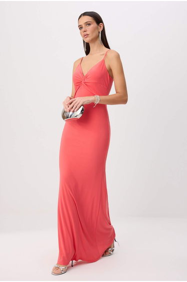 Mercan Low-Cut Detailed Knitted Maxi Evening Dress & Graduation Dress