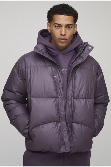Regular Fit Crinkle High Shine Panelled Funnel Neck Puffer Jacket - plum