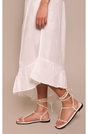 Cream Twist Strap Flat Sandals