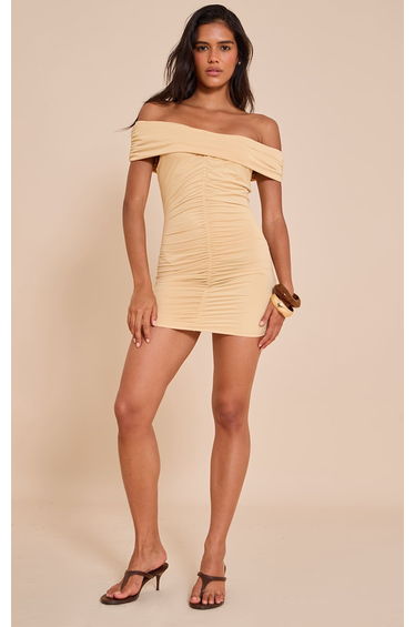 Buttercream Modal Ruched Drape Bardot Mini Dress