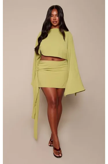 Plus Olive Floaty Woven Knot Side Mini Skirt Co-ord