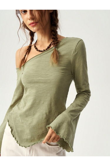 Khaki Solid Asymmetric Neck Cotton Top