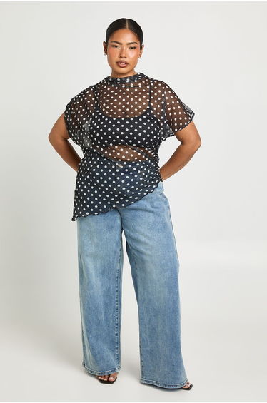 Plus Mesh Polka Dot High Neck Ruched Side Asymmetric Top - black