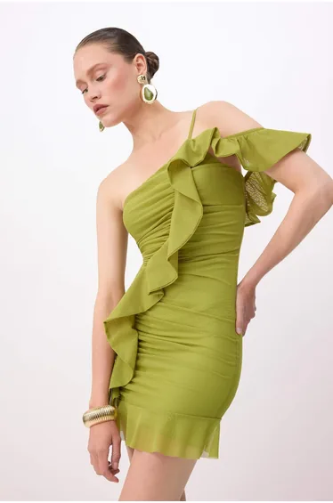 Pistachio Green Polka Dot Ruffled Knitted Tulle Short/Mini Lined Stylish/Evening Dress