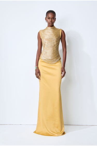Captivating Personality Gold Sleeveless Fringe Top & Satin Skirt Set
