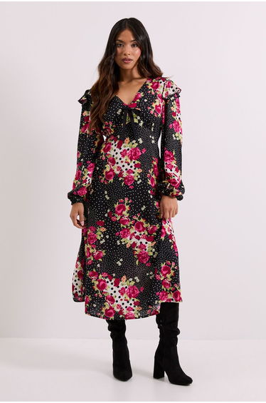 Petite Patchwork Floral Contrast Bow Detail Frill Printed Midaxi Dress