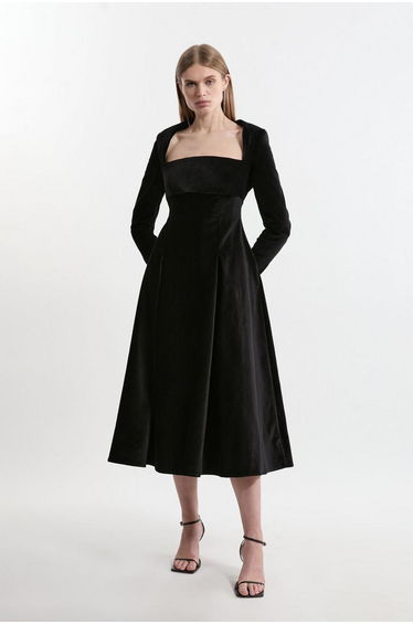 Velvet Tailored Pleat Full Skirted Midaxi Dress
