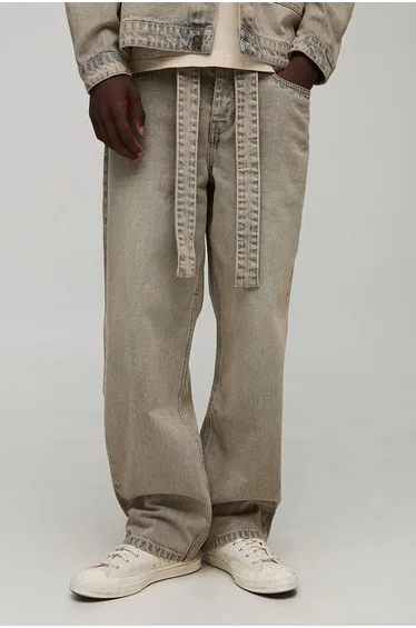 Relaxed Fit Washed Belted Jeans - light brown