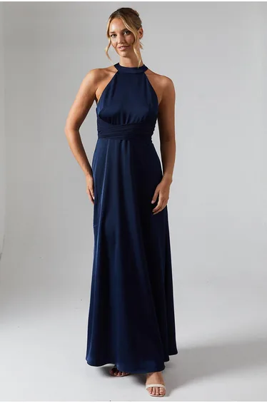 Wrap Waist Detail Satin Halter Neck Dress