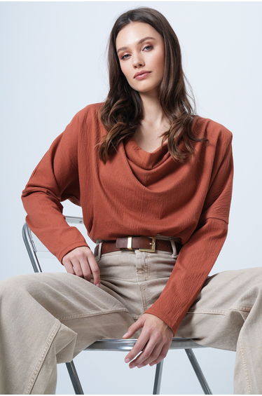 Women's brick red degaje neckline wide cut knitted blouse