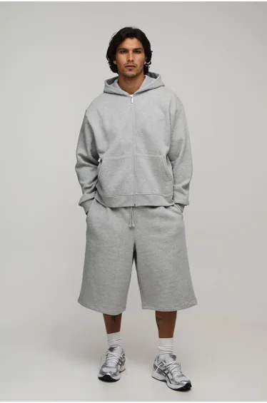 Oversized Boxy Zip Through Hoodie and Baggy Short Tracksuit - grey marl