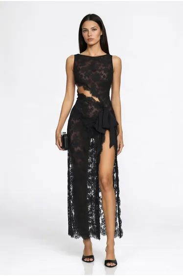 Olesya Black Semi Sheer Lace Maxi Dress