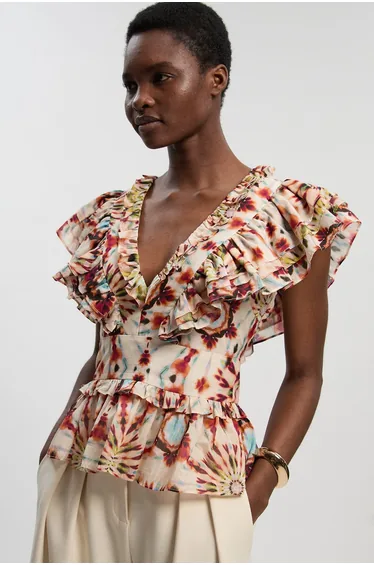 Tile Print Silk Cotton Ruffle Detail Woven Top