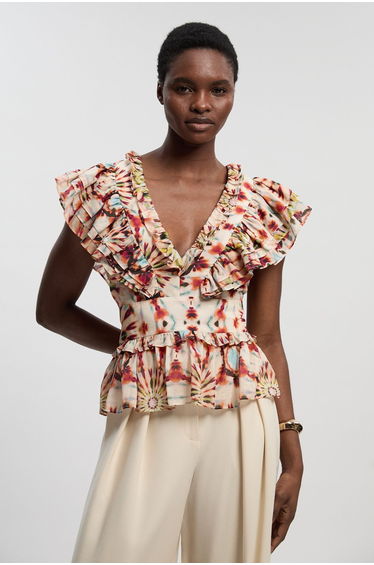 Tile Print Silk Cotton Ruffle Detail Woven Top