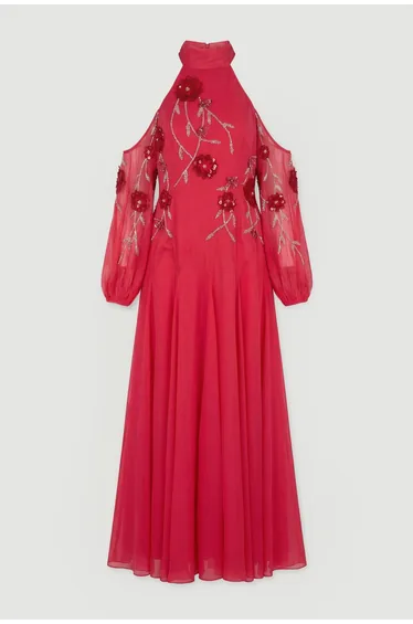 فستان كارين ميلين شيفون زهري طول الأرض على شكل حرف A بياقة هالتر بطبعة أزهار