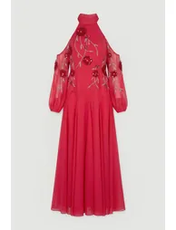 فستان كارين ميلين شيفون زهري طول الأرض على شكل حرف A بياقة هالتر بطبعة أزهار - 1