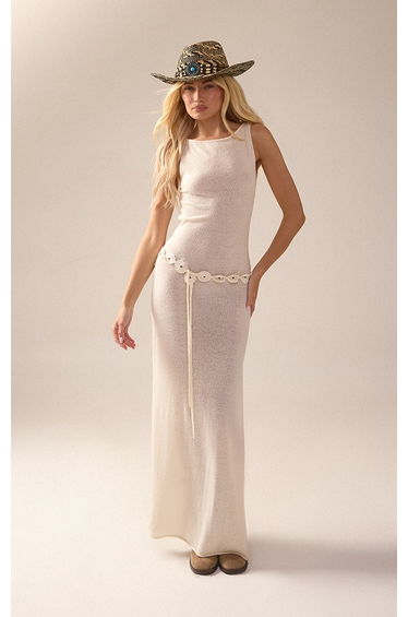 Cream Belt Detail Knitted Maxi Dress