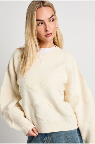 Chunky Knit V Neck Heart Print Jumper - ecru