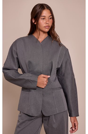 Charcoal Grey Premium Woven Tailored Collarless Blazer