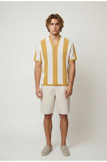 Relaxed Open Stitch Stripe Knitted Polo - mustard