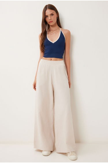 Women's Cream Pocket Wide Leg Linen Trousers