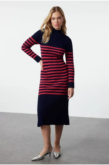 Navy Blue Maxi Knitwear Striped Dress