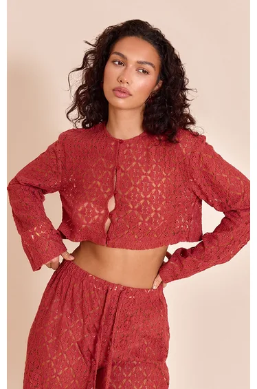 Rust Lace Button Detail Crop Top