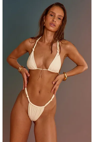 Cream Knot Detail Ruched Tanga Bikini Bottoms