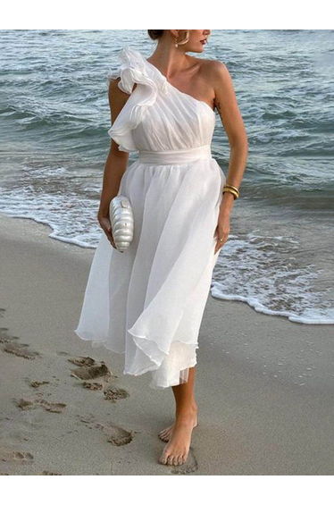 Unique Romantic Seaside One Shoulder Frill Detail Sleeve Layered Midi Dress