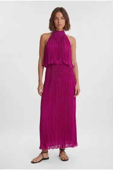 Placement Pleated Halterneck Maxi Dress