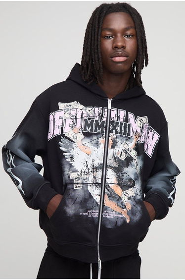 Oversized Boxy Glitter Print Spray Wash Graphic Zip Up Hoodie - black