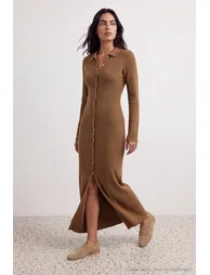 Brown Maxi Length Knitwear Cotton Dress - 1
