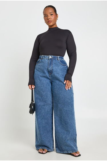 Plus Second Skin Crew Neck Long Sleeve Bodysuit - black