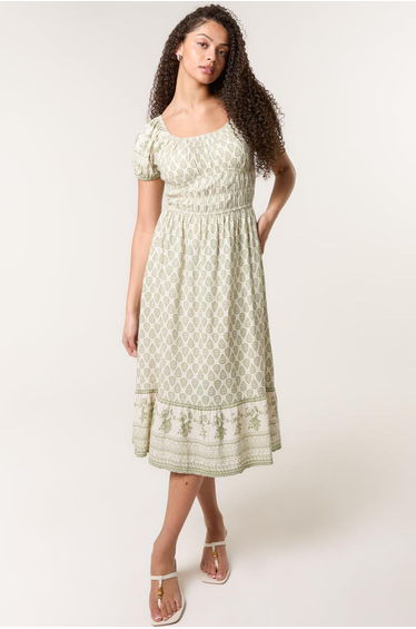 Border Print Puff Sleeve Midi Dress