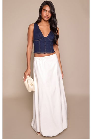 Indigo Covered Button Plunge Denim Top