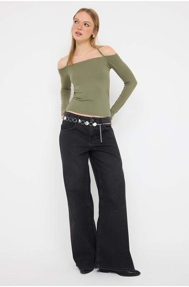 Khaki Carmen Collar Tie-Up Detail Fitted/Slim Fit Knitted top