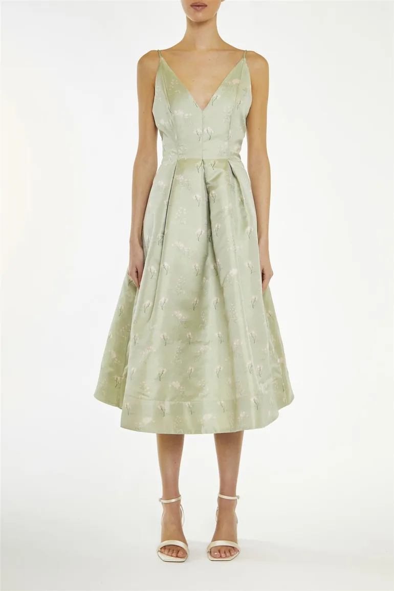 Estella Green Floral-Jacquard Cami Skater Midi-Dress