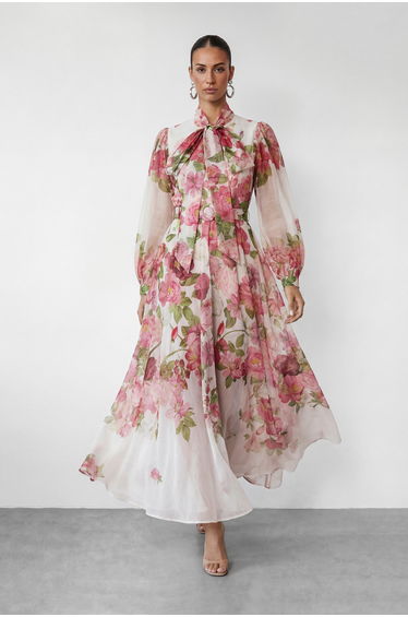 Sweet Blossom Pink Floral Print Bow Neck Maxi Dress