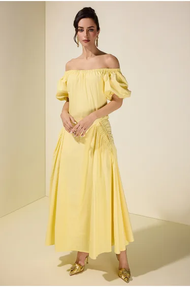 Gathering Pocket Off Shoulder Midi Dress