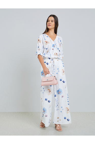 Women Floral Print Roll Up Sleeve Top