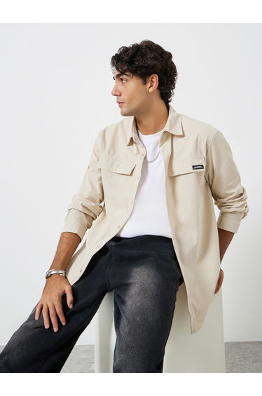 Men Solid Corduroy Jacket with Flap Detail