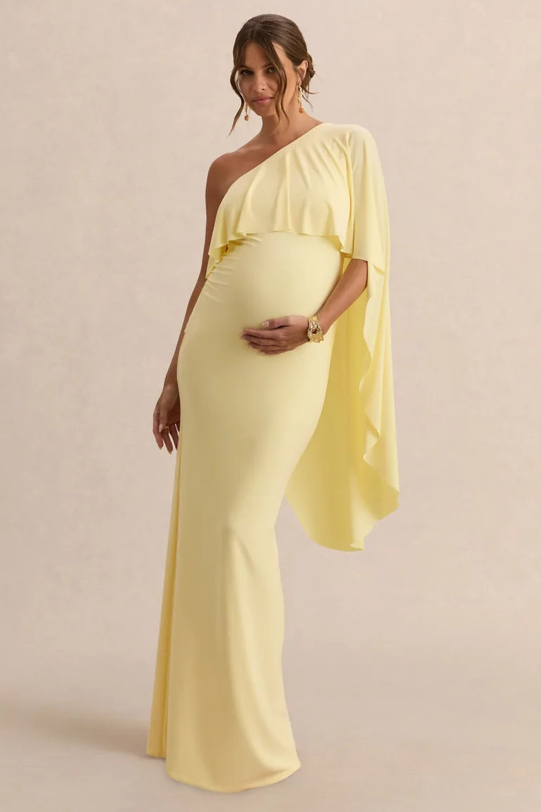 Cicely | Lemon Asymmetric-Neck Maternity Maxi Dress With Cape Sleeve - 4