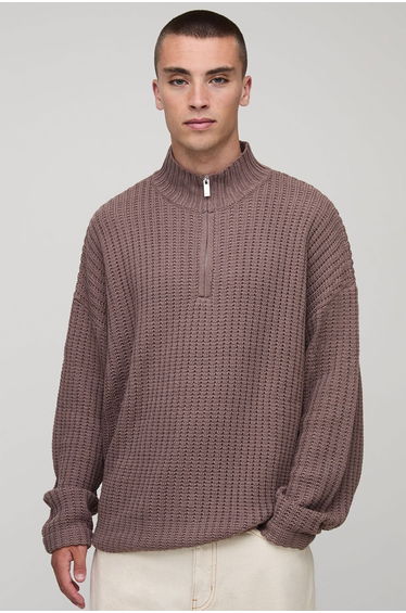 Oversized Boxy Fisherman Rib Funnel Neck Knitted Jumper - mocha