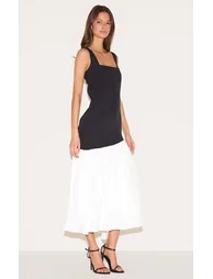 Monochrome Contrast Pleated Hem Square Neck Midaxi Dress - 2