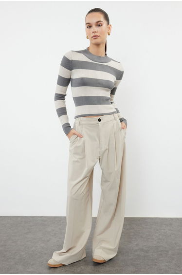 Anthracite Crop Cotton Striped Knitwear Sweater