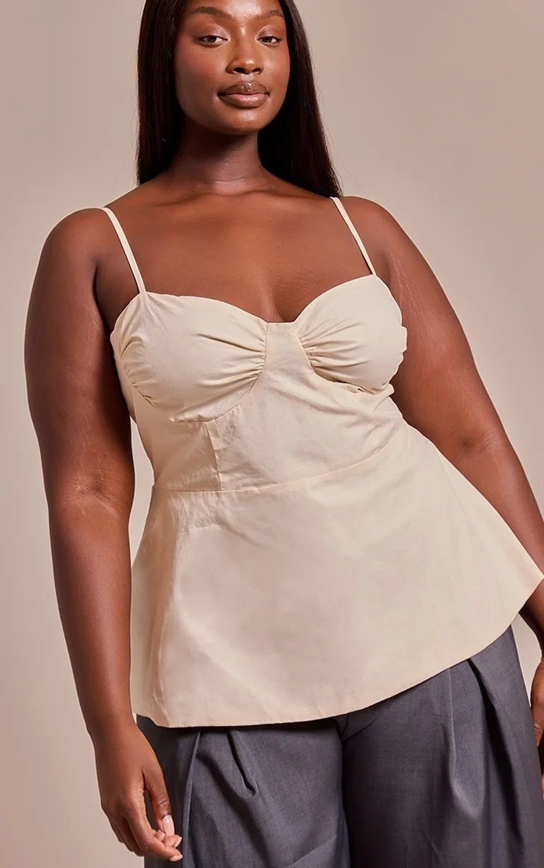 Plus Cream Cotton Strappy Peplum Cami Top