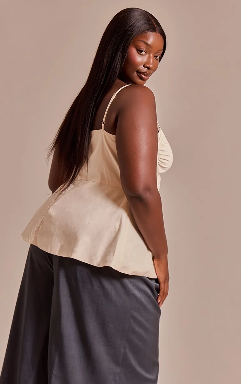 Plus Cream Cotton Strappy Peplum Cami Top - 1