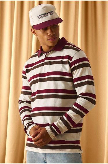 Regular Man Embroidered Stripe Polo - ecru