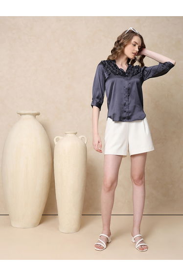 Women Grey Satin Ruffle Neck Top