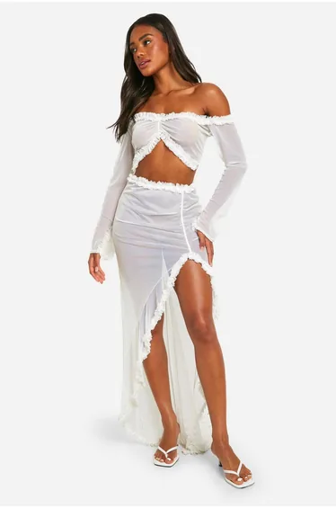 Ruffle Mesh Maxi Skirt - white